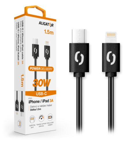 Datový kabel ALIGATOR POWER 30W, USB-C/Lightning 3A 1,5m, černý_1