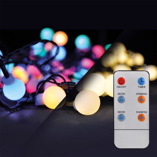 Solight LED 2v1 venkovní vánoční řetěz, koule, dálkový ovladač, 100LED, RGB+bílá, 10m+5m