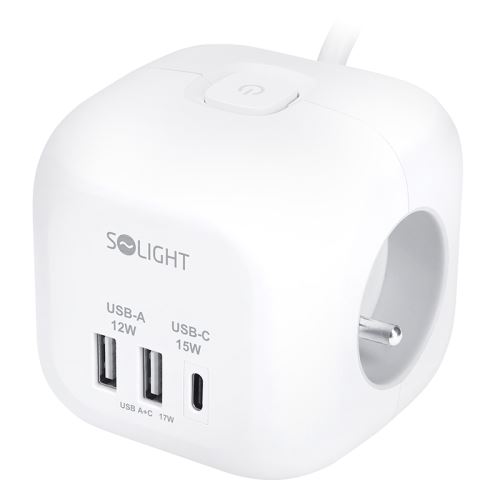 Solight 3z + USB A+C prodlužovací přívod - kostka, kabel 2m, 3 x 1mm2, bílý, vypínač - P