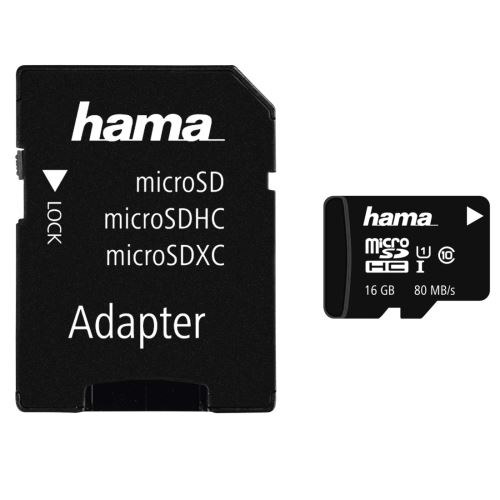 Paměťová karta Hama microSDHC 16 GB Class 10 UHS-I 80 MB/s + Adapter/Mobile  124138