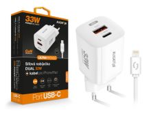 Chytrá GaN síťová nabíječka ALIGATOR Power Delivery 33W, USB-C + USB-A, USB-C kabel pro iPhone/iPad, bílá