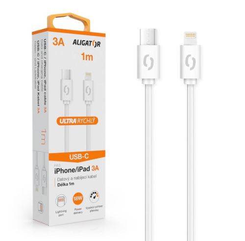 Datový kabel ALIGATOR POWER 3A, USB-C/Lightning, 1m, bílý_1