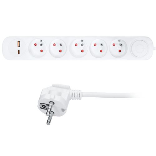 Solight prodlužovací přívod 5 zásuvek, USB A+C 20W PD, 3m, 3 x 1mm2, bílý, vypínač - PP1