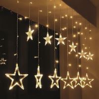 Solight LED vánoční závěs, hvězdy, šíře 1,8m, 77LED, IP20, 3xAA, USB - 1V227_1